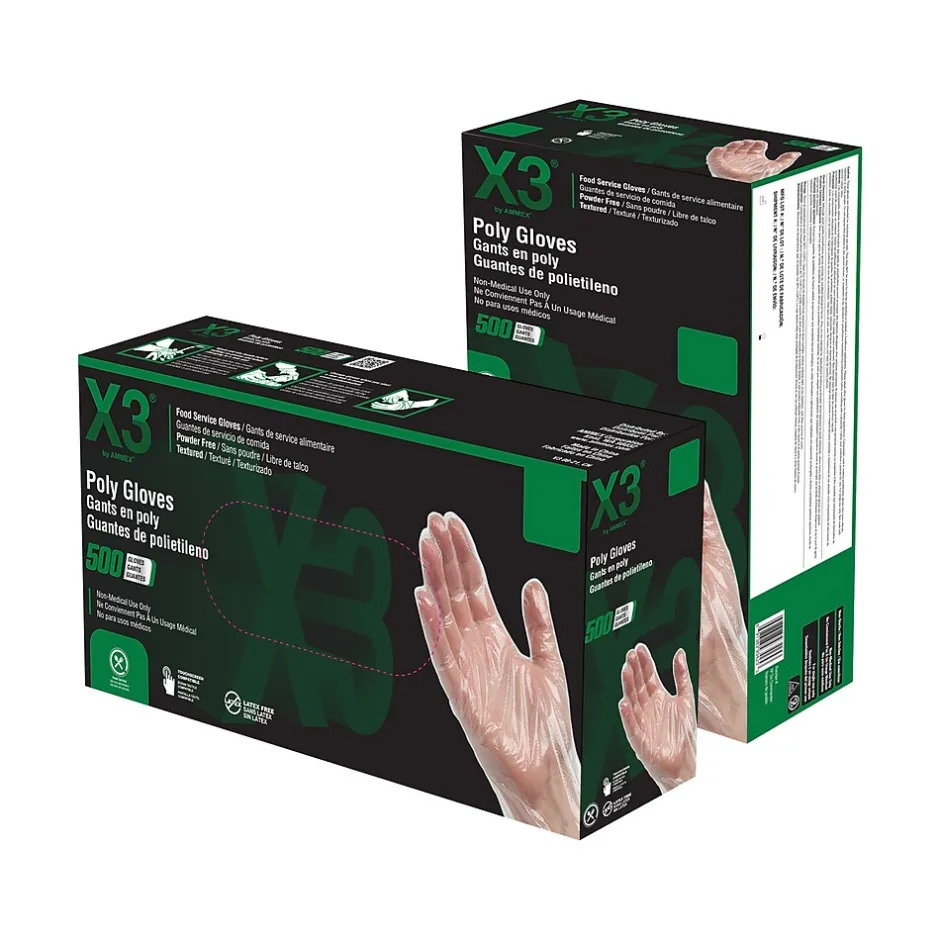 Ammex X3 Poly Food Safe Industrial Gloves, Latex Free, Large, Clear, 500/Box, 20 Boxes/Carton (PGLOVE-L-500XX)