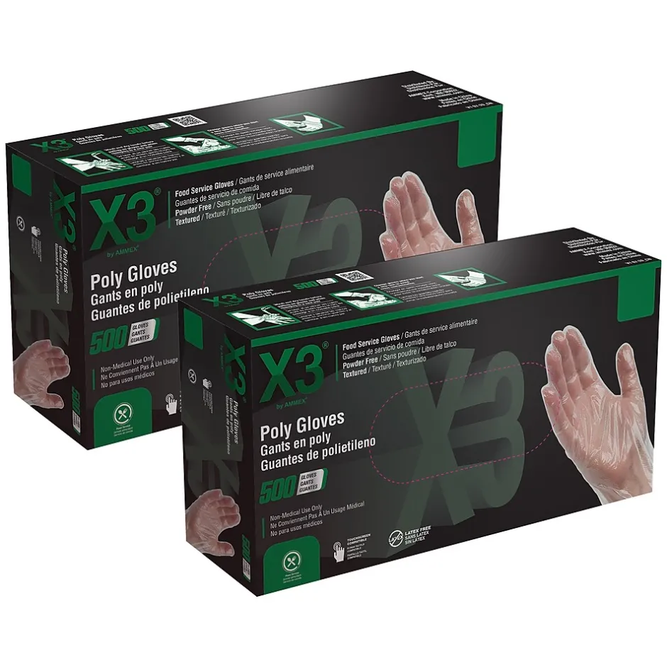 Ammex X3 Poly Food Safe Industrial Gloves, Latex Free, Large, Clear, 500/Box, 20 Boxes/Carton (PGLOVE-L-500XX)