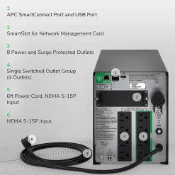 Battery Backup<Schneider APC Smart-UPS, Line Interactive, 1500VA, Tower, 120V, 8x NEMA 5-15R outlets, SmartConnect Port+SmartSlot, AVR, LCD (SMT1500C)