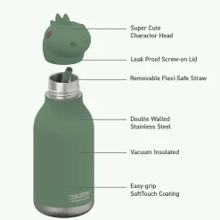 Water Bottles<ASOBU Bestie Bottle Dinosaur Stainless Steel Vacuum Insulated Water Bottle, 16 oz., Green (ADNASBV44DI)