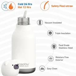 Water Bottles<ASOBU Bestie Bottle Teddy Bear Vacuum Insulated Stainless Steel Water Bottle with Reusable Flexi Straw, 16 oz., White (SBV44BE)