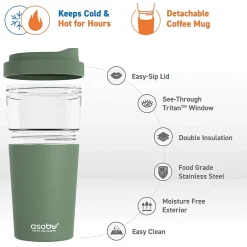 ASOBU Vista Stainless Steel Clear-Insulation Tritan Coffee Mug, 20 oz., Green (SM40)