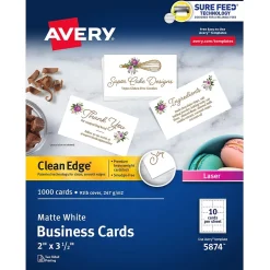 New Clean Edge Business Cards, 2" x 3 1/2", Matte White, 1000 Per Pack (5874) Business Cards