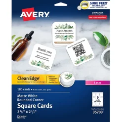 Outlet Clean Edge Laser Square Cards with Rounded Corners, 2 1/2" x 2 1/2", White, 20 Sheets/Pack, 180 Cards/Pack (35703) Business Cards