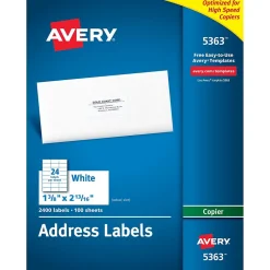 Avery Copier Address Labels, 1-3/8" x 2-13/16", White, 2,400 Labels/Box (5363) New