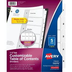 Avery Customizable Table of Contents Dividers, Ready Index Printable Section Titles, Preprinted 1-5 White Tabs, 3 Sets (11075) Clearance