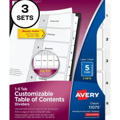 Avery Customizable Table of Contents Dividers, Ready Index Printable Section Titles, Preprinted 1-5 White Tabs, 3 Sets (11075) Clearance