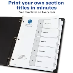 Avery Customizable Table of Contents Dividers, Ready Index Printable Section Titles, Preprinted 1-5 White Tabs, 3 Sets (11075) Clearance