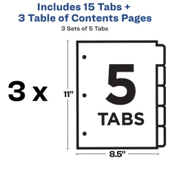 Avery Customizable Table of Contents Dividers, Ready Index Printable Section Titles, Preprinted 1-5 White Tabs, 3 Sets (11075) Clearance