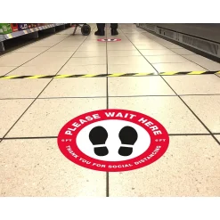 Social Distance Signage<Avery Directional "Please Wait Here" Preprinted Floor Decals, 10.5" Diameter, White/Red, 5/Pack (83090)