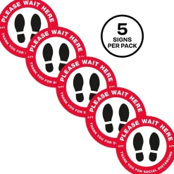 Social Distance Signage<Avery Directional "Please Wait Here" Preprinted Floor Decals, 10.5" Diameter, White/Red, 5/Pack (83090)