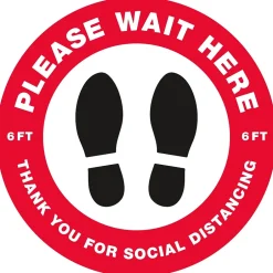 Social Distance Signage<Avery Directional "Please Wait Here" Preprinted Floor Decals, 10.5" Diameter, White/Red, 5/Pack (83090)