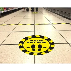Social Distance Signage<Avery Directional "Please Wait Here" Preprinted Floor Decals, 10.5" Diameter, Yellow/Black, 5/Pack (83020)