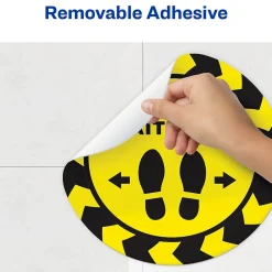 Social Distance Signage<Avery Directional "Please Wait Here" Preprinted Floor Decals, 10.5" Diameter, Yellow/Black, 5/Pack (83020)