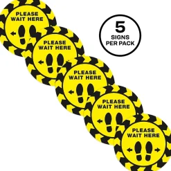Social Distance Signage<Avery Directional "Please Wait Here" Preprinted Floor Decals, 10.5" Diameter, Yellow/Black, 5/Pack (83020)