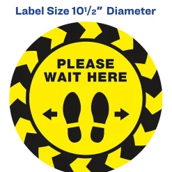 Social Distance Signage<Avery Directional "Please Wait Here" Preprinted Floor Decals, 10.5" Diameter, Yellow/Black, 5/Pack (83020)