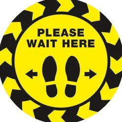 Social Distance Signage<Avery Directional "Please Wait Here" Preprinted Floor Decals, 10.5" Diameter, Yellow/Black, 5/Pack (83020)