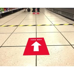 Social Distance Signage<Avery Directional "This Way" Preprinted Floor Decals, 8" x 10.5", Red/White, 5/Pack (83091)