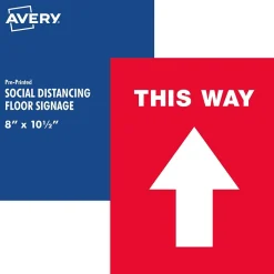 Social Distance Signage<Avery Directional "This Way" Preprinted Floor Decals, 8" x 10.5", Red/White, 5/Pack (83091)