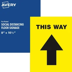 Social Distance Signage<Avery Directional "This Way" Preprinted Floor Decals, 8" x 10.5", Yellow/Black, 5/Pack (83022)