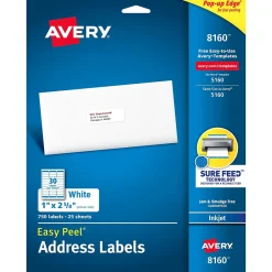 Avery Easy Peel Inkjet Address Labels, 1" x 2-5/8", White, 750 Labels/Pack (8160)* Address Labels