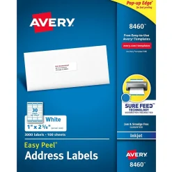 Avery Easy Peel Inkjet Address Labels, 1" x 2-5/8", White, 3,000 Labels/Box (8460)* Address Labels