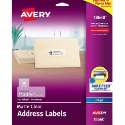 Avery Easy Peel Inkjet Address Labels, 1" x 2-5/8", Clear, 300 Labels/Pack (18660)* Shipping Labels