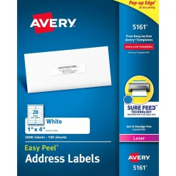 Avery Easy Peel Laser Address Labels, 1" x 4", White, 2,000 Labels/Box (5161)* Address Labels