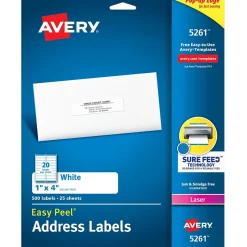 Avery Easy Peel Laser Address Labels, 1" x 4", White, 500 Labels/Pack (5261)* Address Labels
