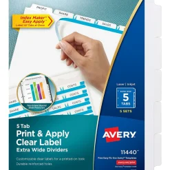 Avery Index Maker Extra-Wide Paper Dividers with Print & Apply Label Sheets, 5 Tabs, White, 5 Sets/Pack (AVE11440) New