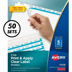 Avery Index Maker Paper Dividers with Print & Apply Label Sheets, 5 Tabs, White, 50 Sets/Pack (11556) Clearance