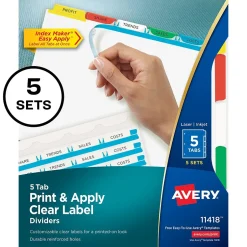 Avery Index Maker Paper Dividers with Print & Apply Label Sheets, 5 Tabs, Multicolor, 5 Sets/Pack (11418) Discount