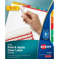 Avery Index Maker Paper Dividers with Print & Apply Label Sheets, 8 Tabs, Multicolor, 5 Sets/Pack (11419) Clearance