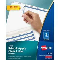 Avery Index Maker Paper Dividers with Print & Apply Label Sheets, 3 Tabs, White, 25 Sets/Pack (11445) New