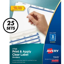 Avery Index Maker Paper Dividers with Print & Apply Label Sheets, 3 Tabs, White, 25 Sets/Pack (11445) New