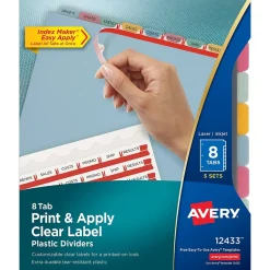 Avery Index Maker Plastic Dividers with Print & Apply Label Sheets, 8 Tabs, Multicolor, 5 Sets/Pack (AVE12433)