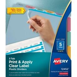 Avery Index Maker Plastic Dividers with Print & Apply Label Sheets, 5 Tabs, Multicolor, 5 Sets/Pack (12452) New