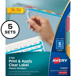Avery Index Maker Plastic Dividers with Print & Apply Label Sheets, 5 Tabs, Multicolor, 5 Sets/Pack (12452) New