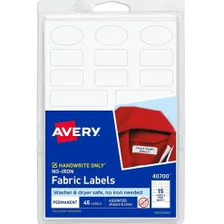 Avery No-Iron Fabric Labels, Assorted Shapes and Sizes, White, Non-Printable, 45 Labels/Pack (40700) Discount