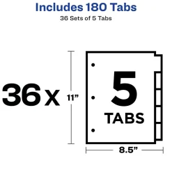 Avery Plain Tab Write-On Paper Dividers, 5 Tabs, Multicolor, 36 Sets/Pack (11508) Discount