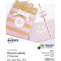 Avery Printable Round Labels with Sure Feed, 2" Dia, Matte White, 300 Labels/Pack (22877)* Shipping Labels