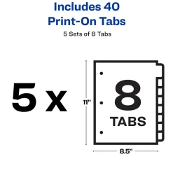Avery Print-On Paper Dividers, 8 Tabs, White, 5 Sets/Pack (11552) Clearance