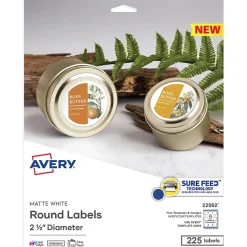 Avery Print-to-the-Edge Laser/Inkjet Round Labels, 2 1/2" Dia, White, 225 Labels/Pack (22562)* Shipping Labels