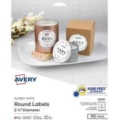 Avery Print-to-the-Edge Laser/Inkjet Round Labels, 2 1/2" Dia, Glossy White, 90 Labels/Pack (22830)* Shipping Labels