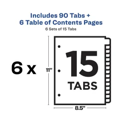 Avery Ready Index Table of Contents Paper Dividers, 1-15 Tabs, White, 6 Sets/Pack (11825)