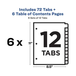 Avery Ready Index Table of Contents Paper Dividers, 1-12 Tabs, White, 6 Sets/Pack (11824) New