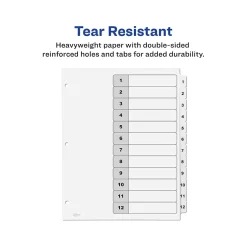 Avery Ready Index Table of Contents Paper Dividers, 1-12 Tabs, White, 6 Sets/Pack (11824) New