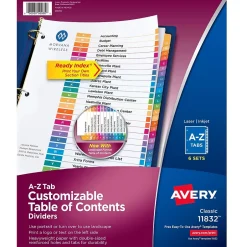 Avery Ready Index Table of Contents Pre-Printed Paper Divider, A-Z Tabs , Multicolor, 6 Sets (11832) Sale