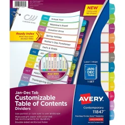 Avery Ready Index Table of Contents Paper Dividers, 1-12 Tabs, Contemporary Multicolor (11847) New