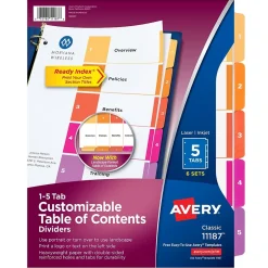 Avery Ready Index Table of Contents Paper Dividers, 1-5 Tabs, Multicolor, 6 Sets/Pack (11187) Clearance